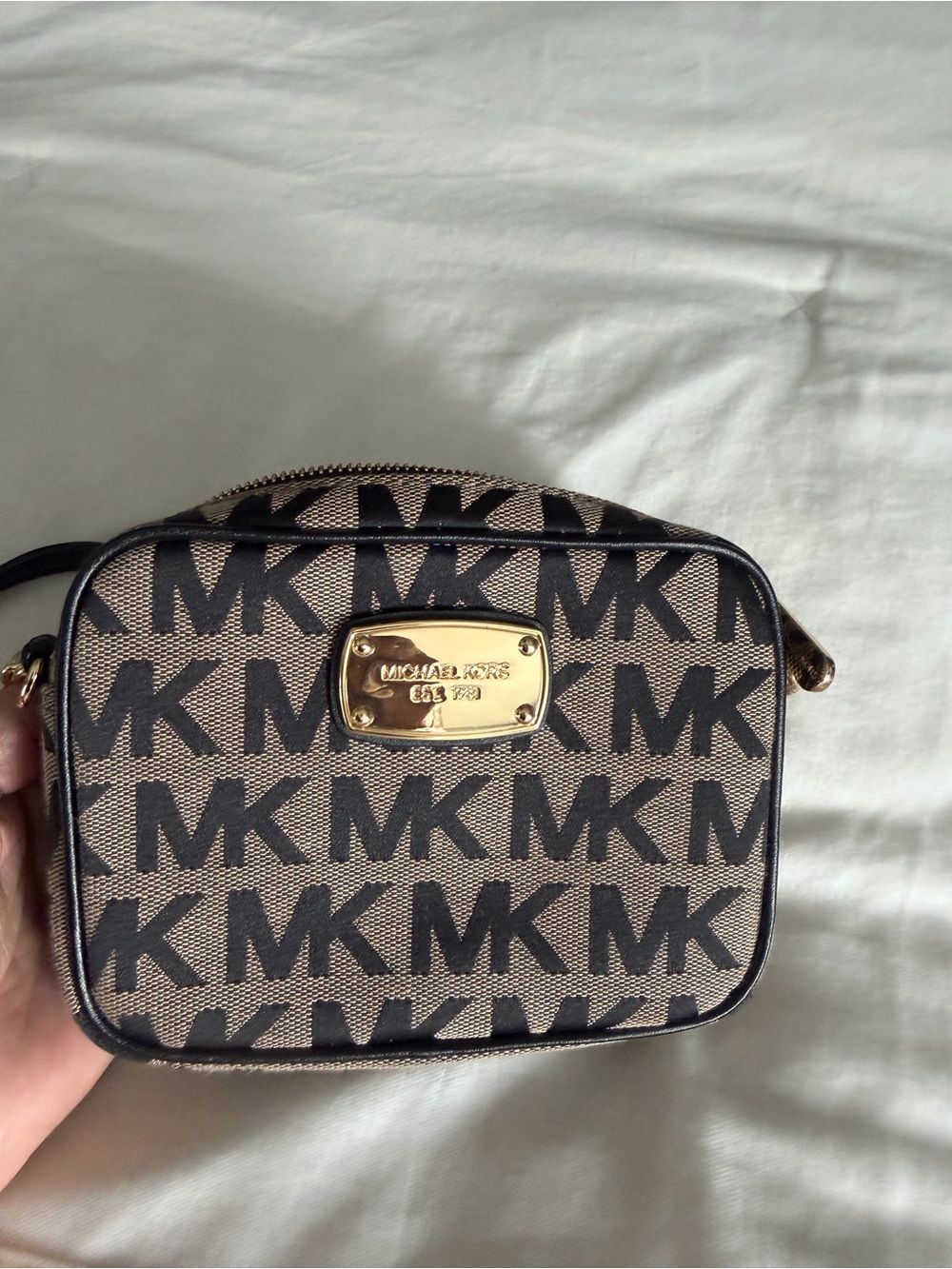 Michael Kors Brown/Black MK Logo Crossbody with Gold Plaque